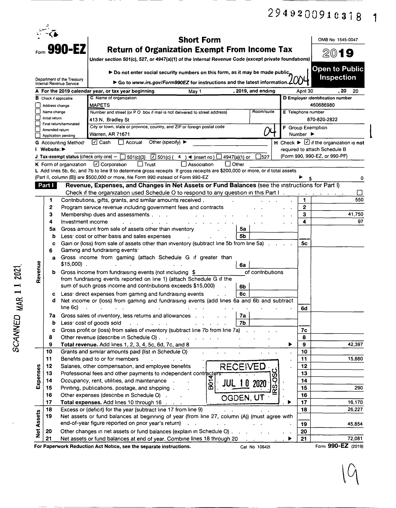 Image of first page of 2019 Form 990EO for Mapets
