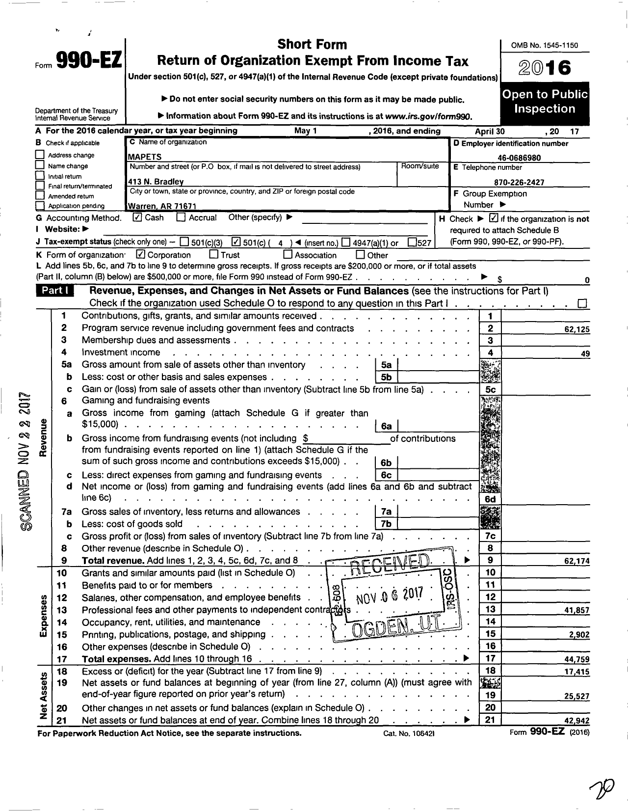 Image of first page of 2016 Form 990EO for Mapets