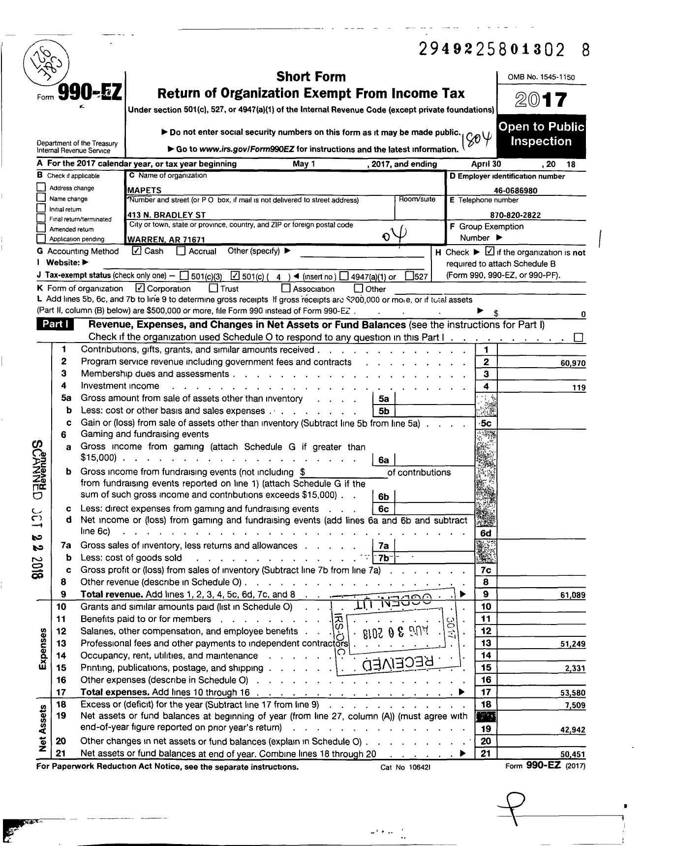 Image of first page of 2017 Form 990EO for Mapets