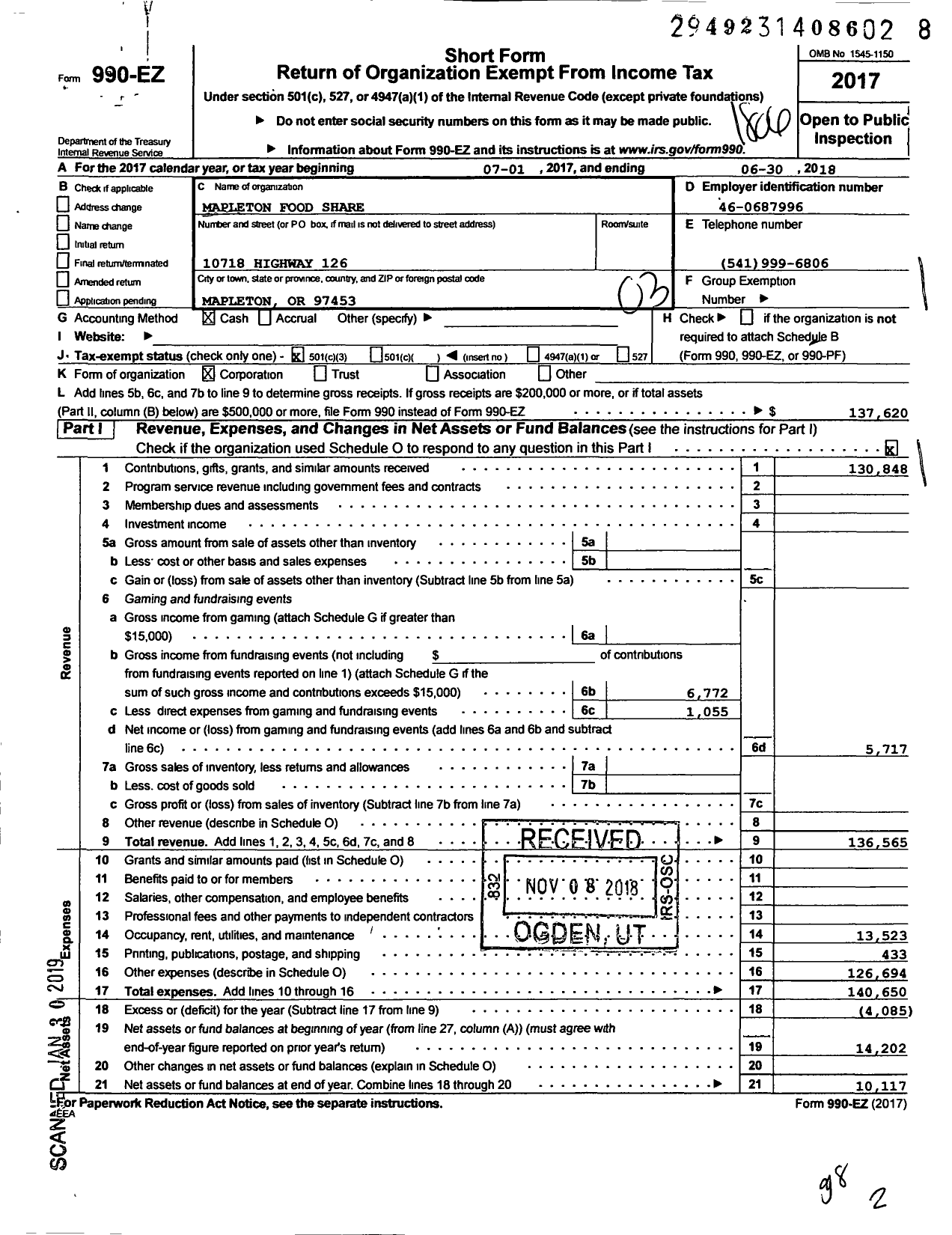 Image of first page of 2017 Form 990EZ for Mapleton Food Share