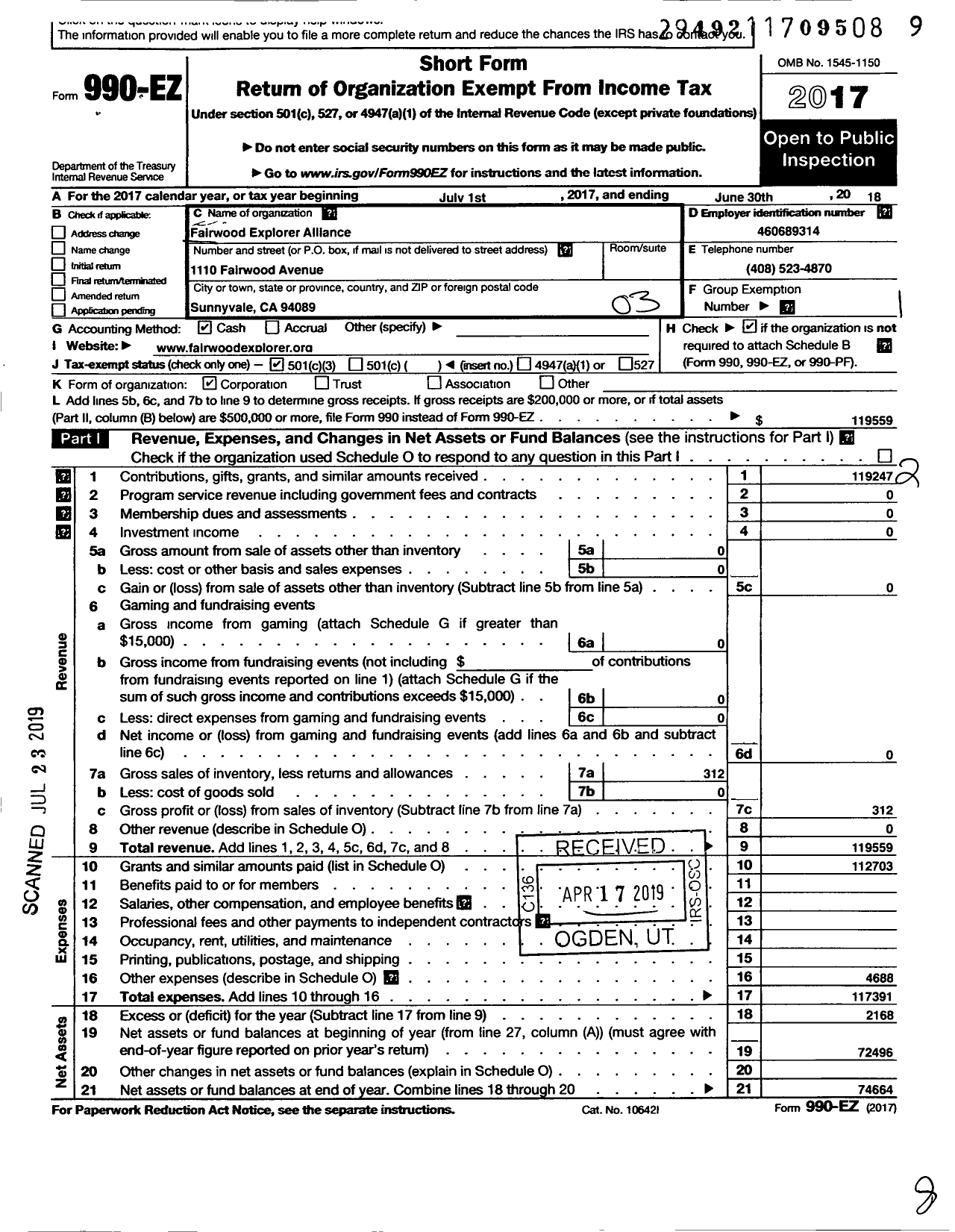 Image of first page of 2017 Form 990EZ for Fairwood Explorer Alliance