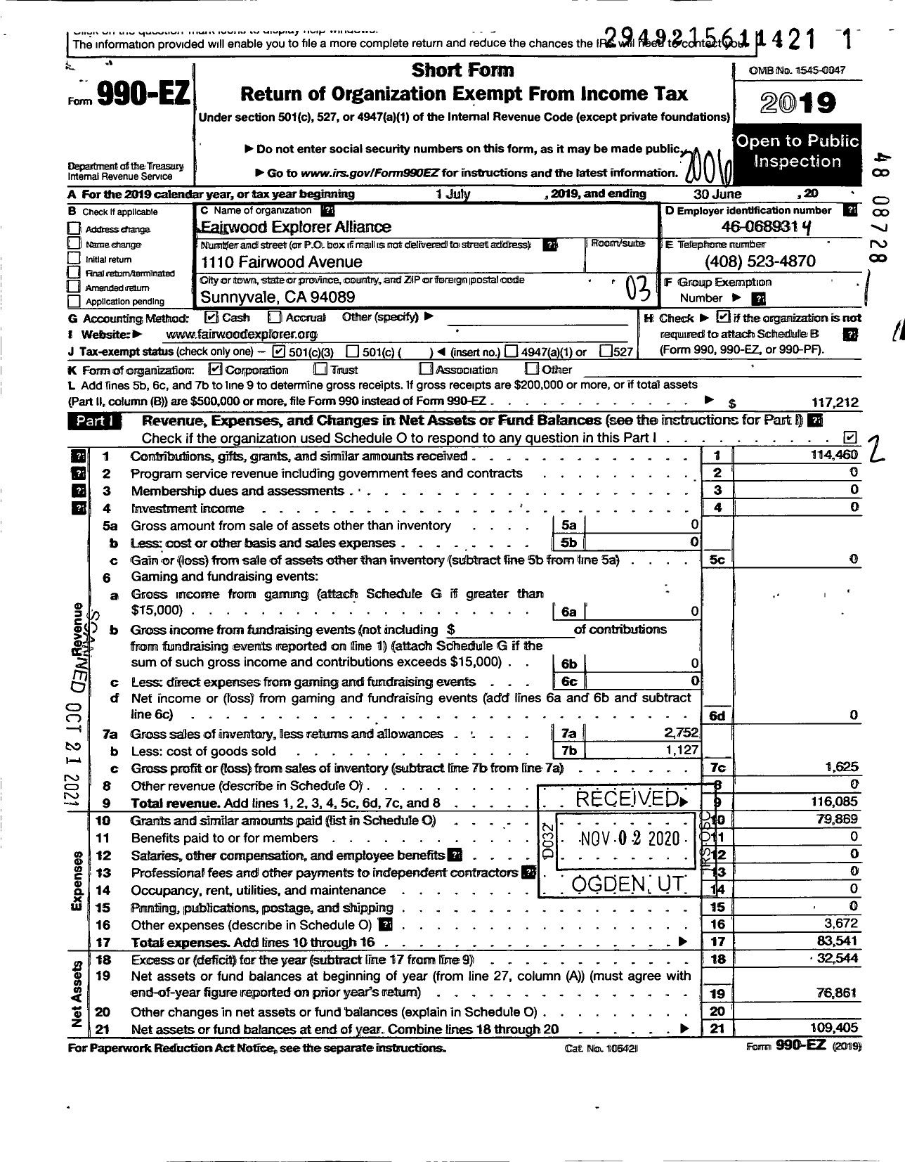 Image of first page of 2019 Form 990EZ for Fairwood Explorer Alliance