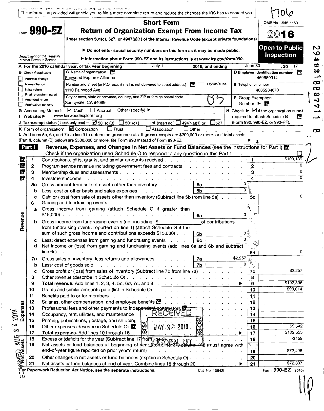 Image of first page of 2016 Form 990EZ for Fairwood Explorer Alliance