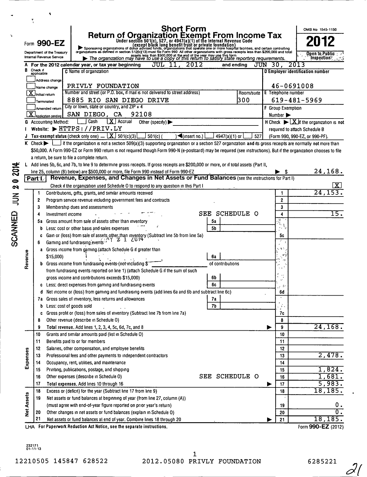 Image of first page of 2012 Form 990EZ for Privly Foundation