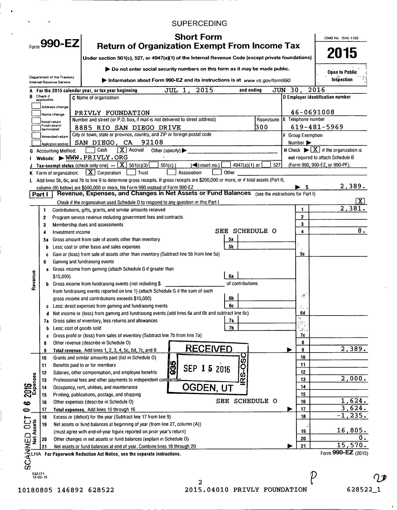 Image of first page of 2015 Form 990EZ for Privly Foundation