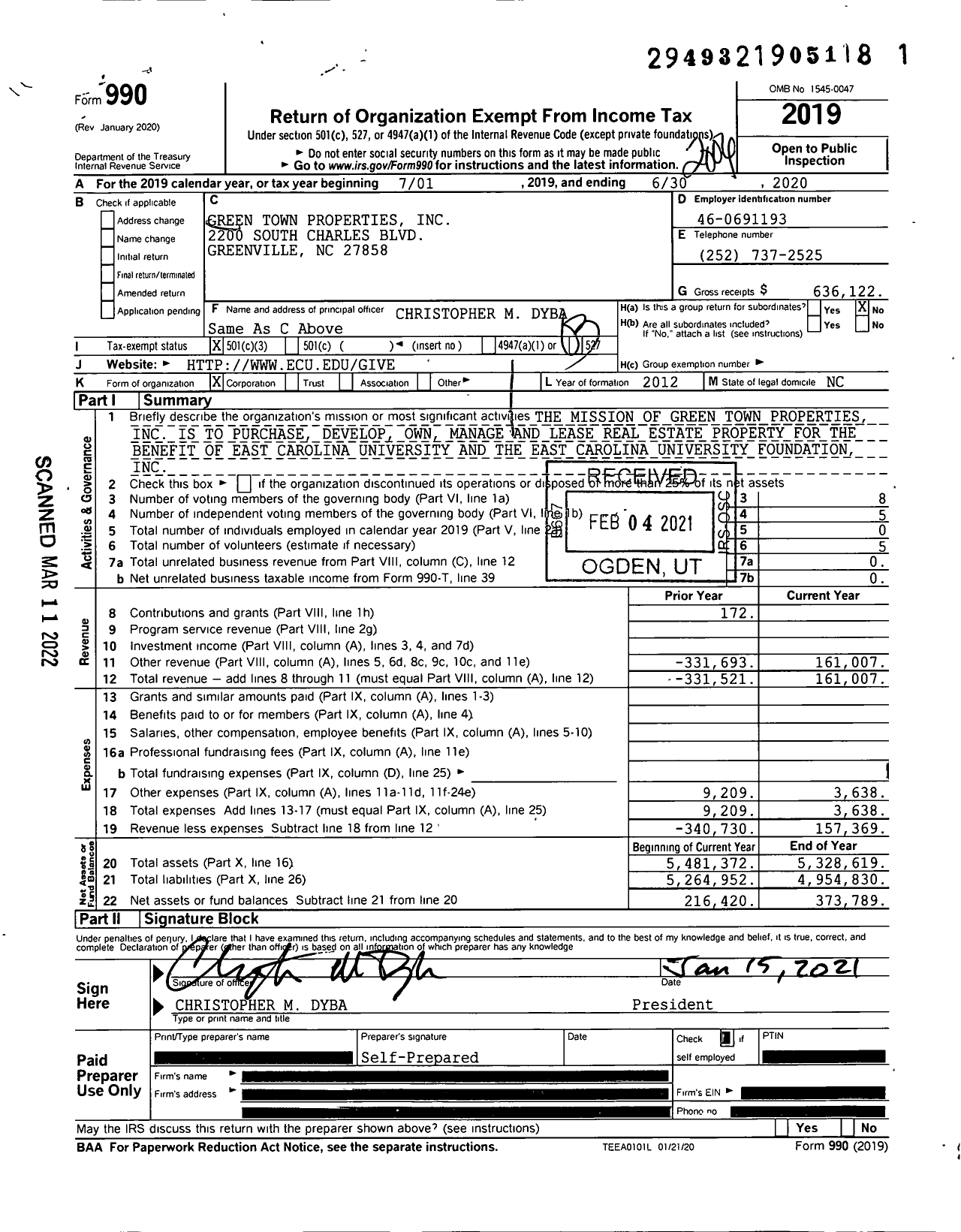 Image of first page of 2019 Form 990 for Green Town Properties