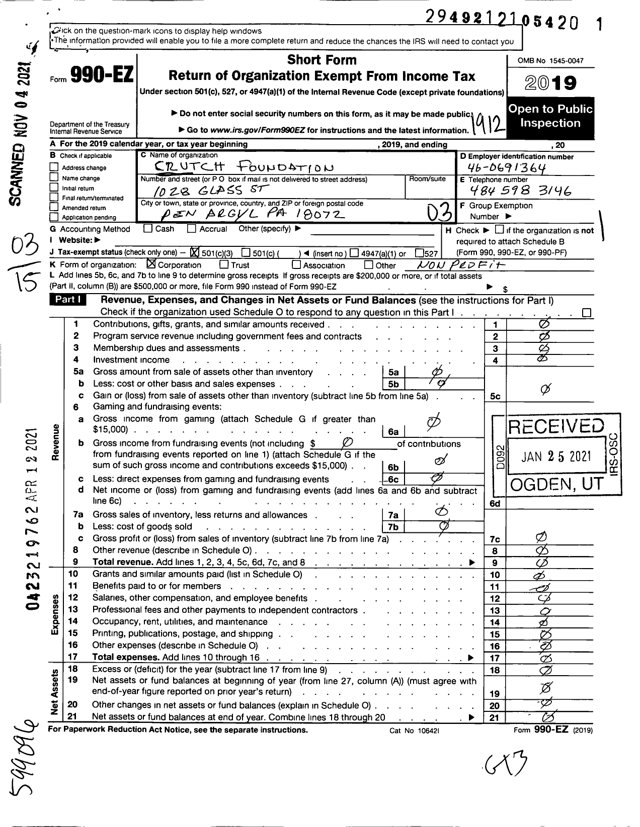 Image of first page of 2019 Form 990EZ for Crutch Foundation