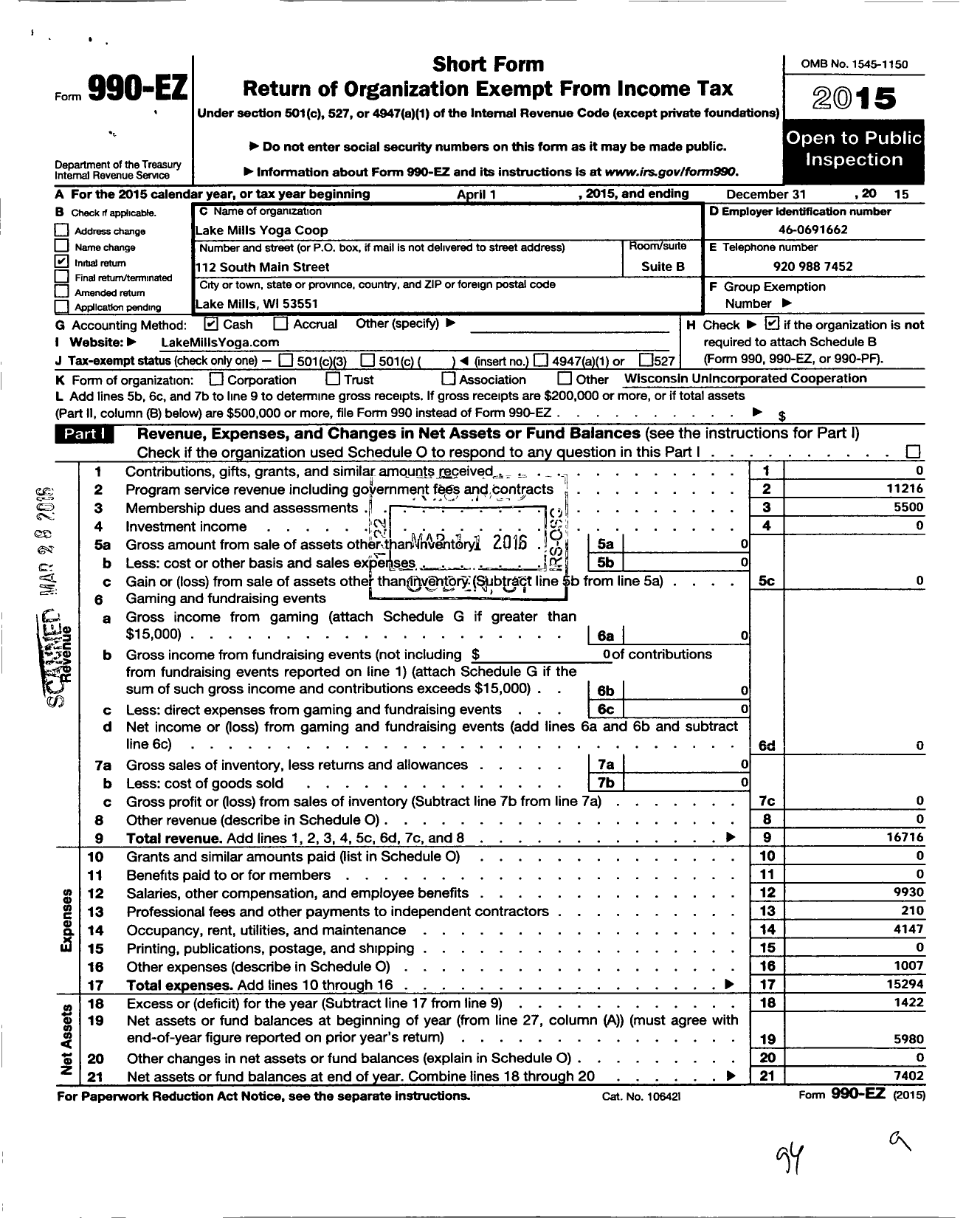 Image of first page of 2015 Form 990EO for Lake Mills Yoga Co-Op