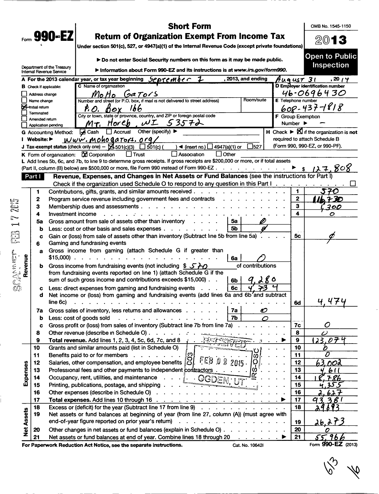 Image of first page of 2013 Form 990EZ for Moho Gators