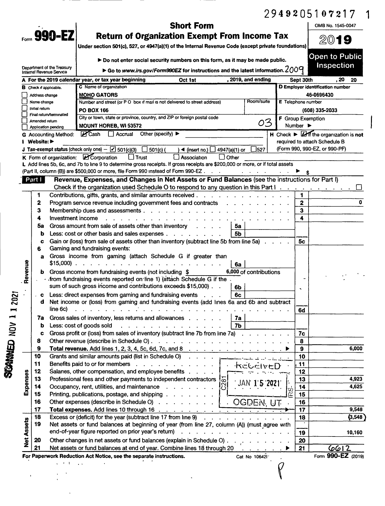 Image of first page of 2019 Form 990EZ for Moho Gators