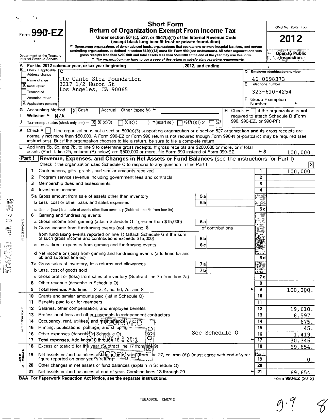 Image of first page of 2012 Form 990EZ for Cante Sica Foundation