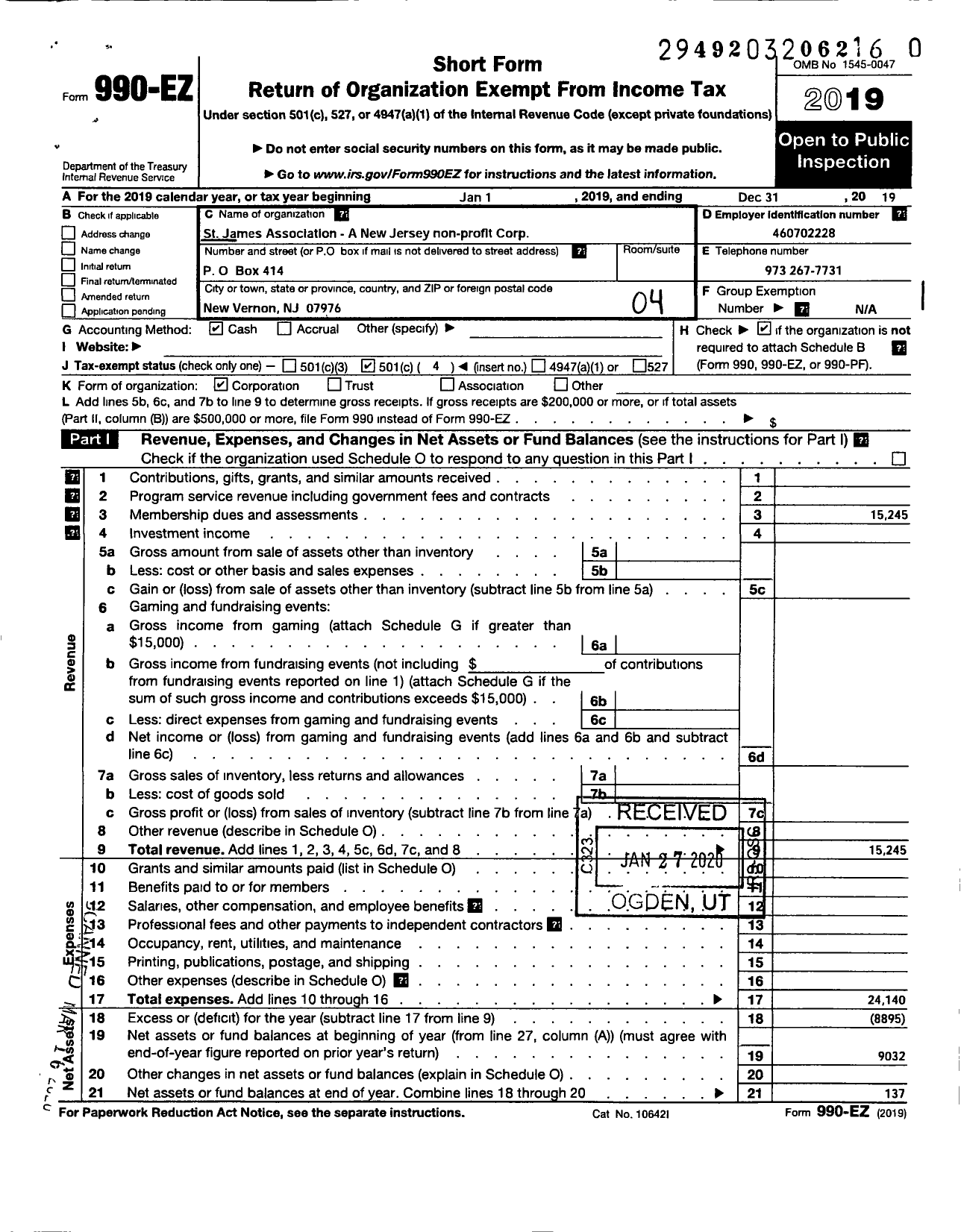 Image of first page of 2019 Form 990EO for St James Association