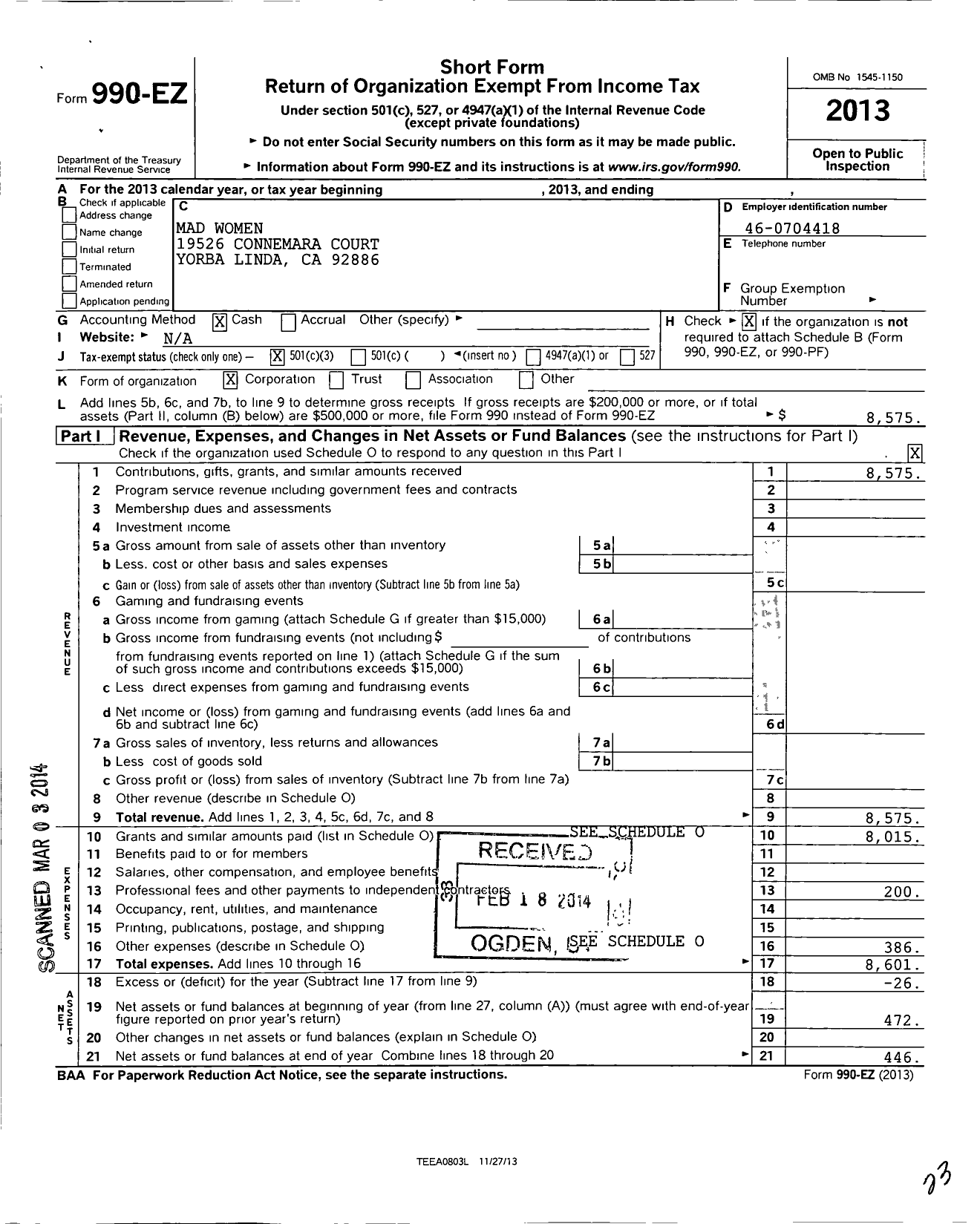 Image of first page of 2013 Form 990EZ for Mad Women