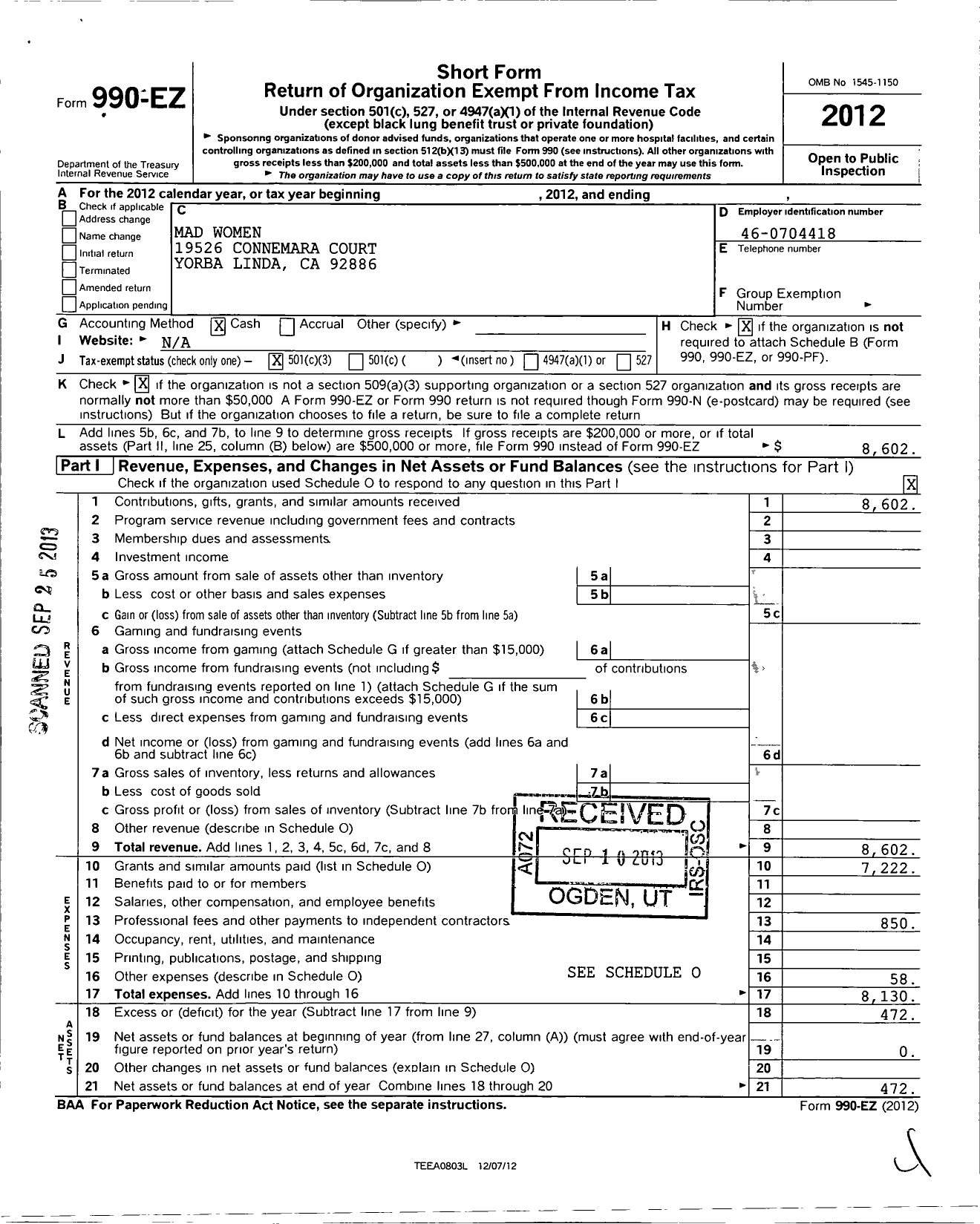 Image of first page of 2012 Form 990EZ for Mad Women