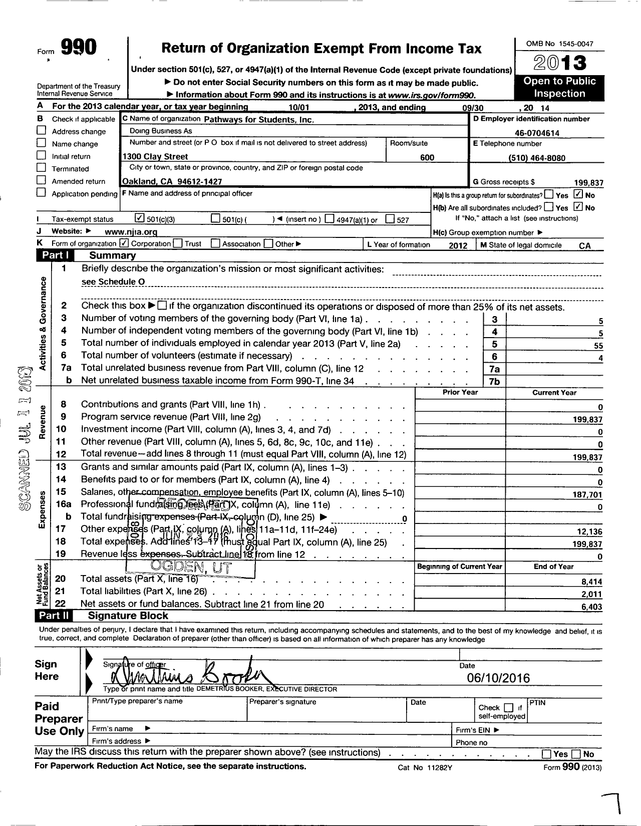 Image of first page of 2013 Form 990 for Pathways for Students Incorporated