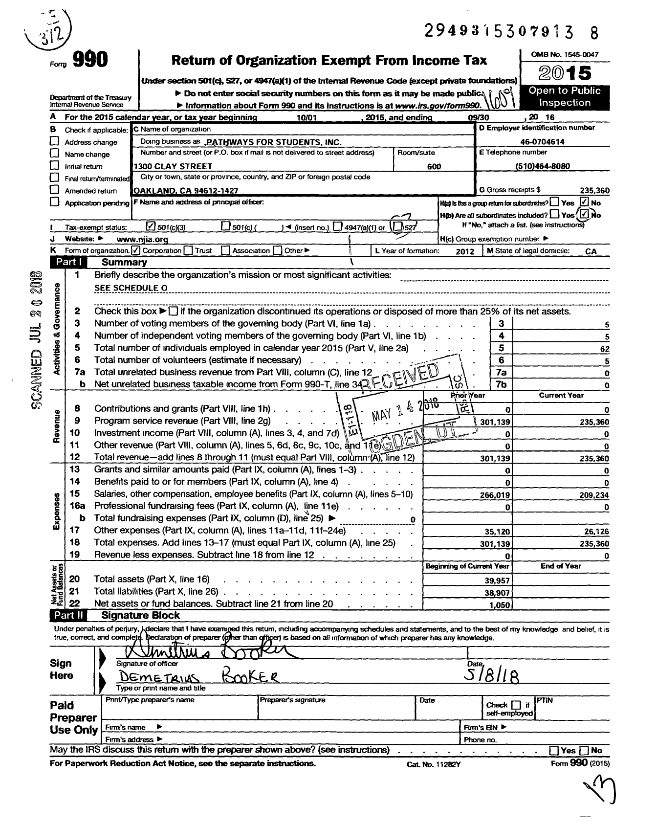 Image of first page of 2015 Form 990 for Pathways for Students Incorporated