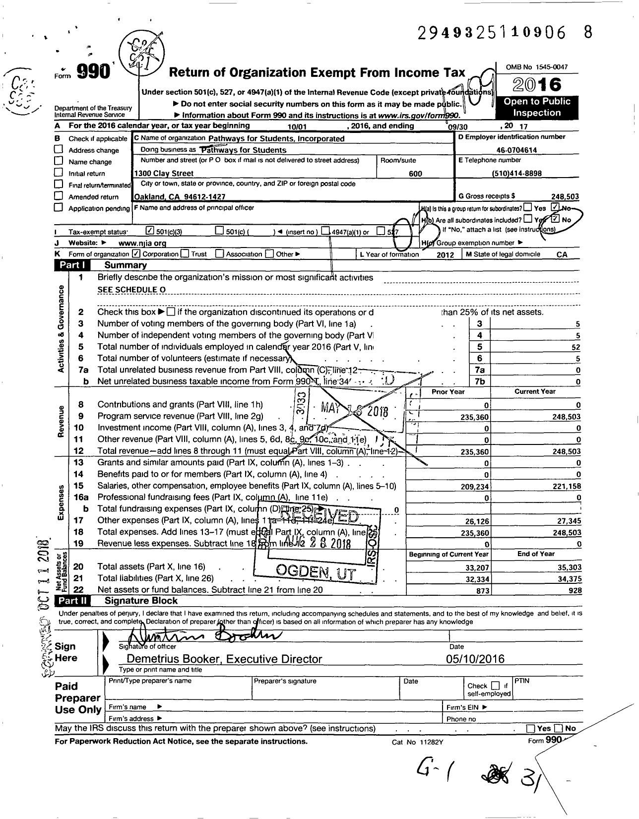 Image of first page of 2016 Form 990 for Pathways for Students Incorporated