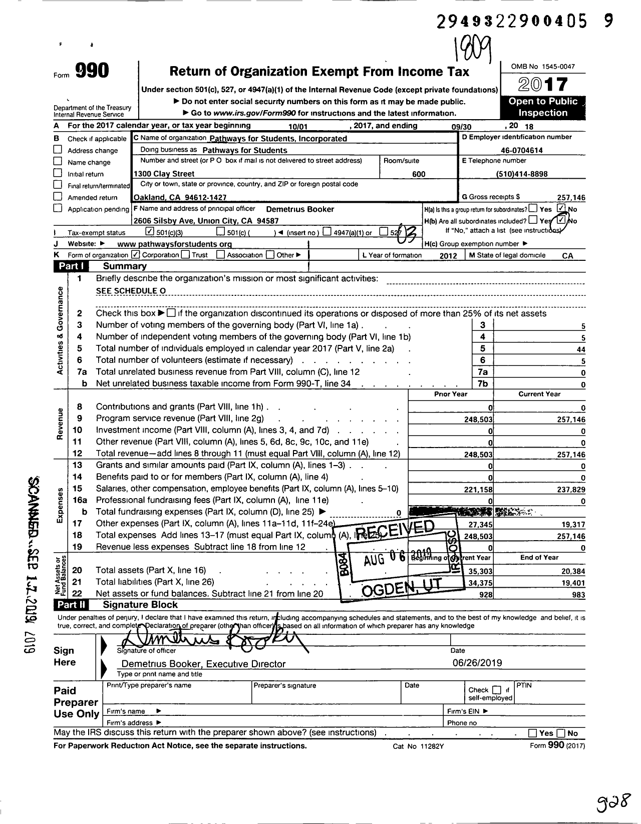 Image of first page of 2017 Form 990 for Pathways for Students Incorporated