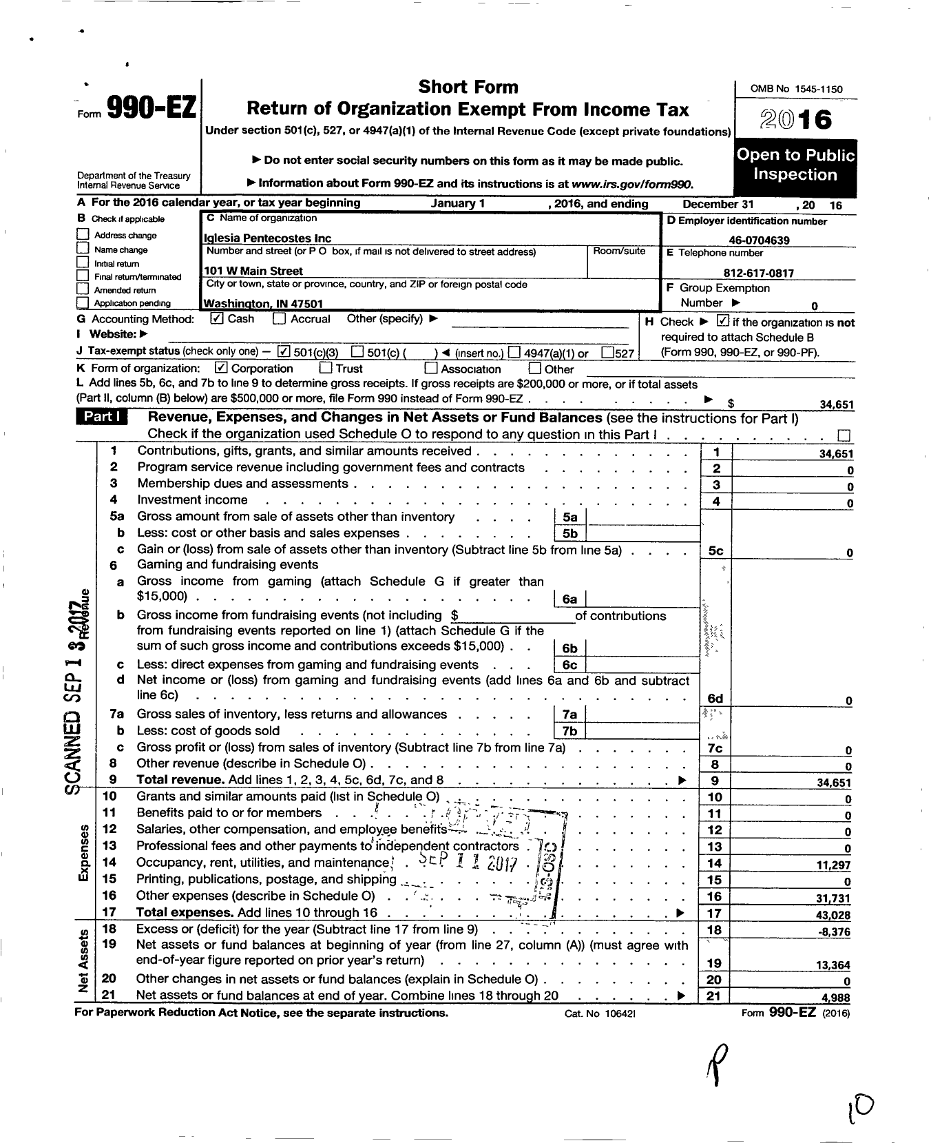 Image of first page of 2016 Form 990EZ for Iglesia Pentecostes