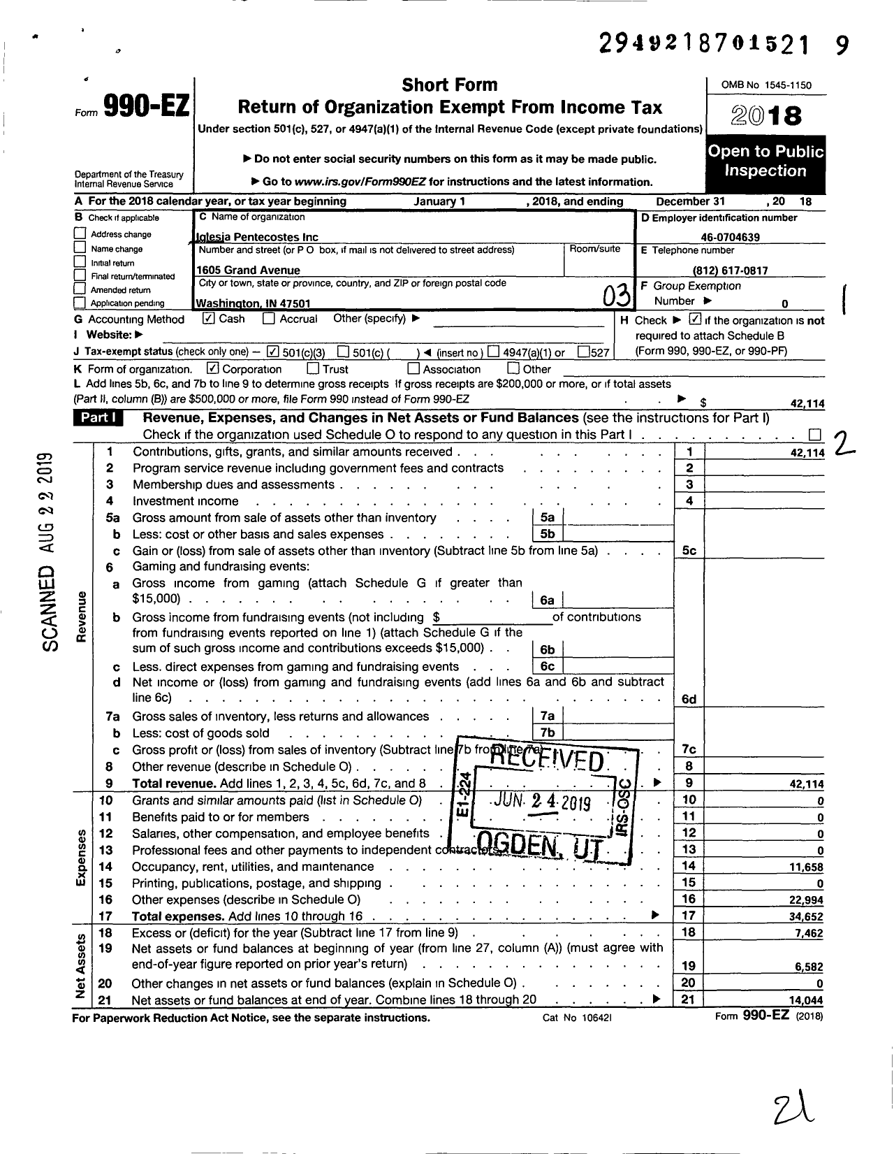 Image of first page of 2018 Form 990EZ for Iglesia Pentecostes