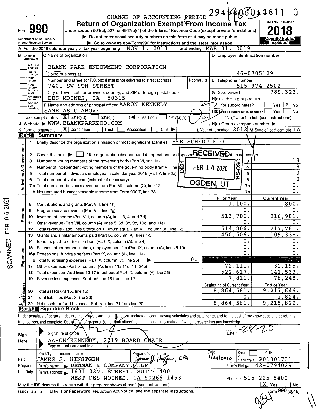 Image of first page of 2018 Form 990 for Blank Park Endowment Corporation