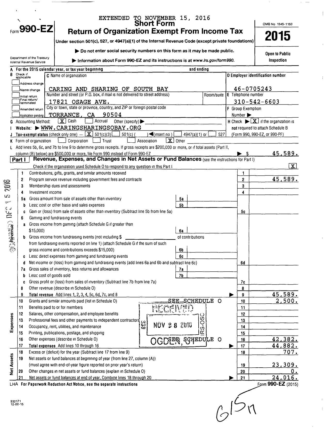 Image of first page of 2015 Form 990EZ for Caring and Sharing of South Bay