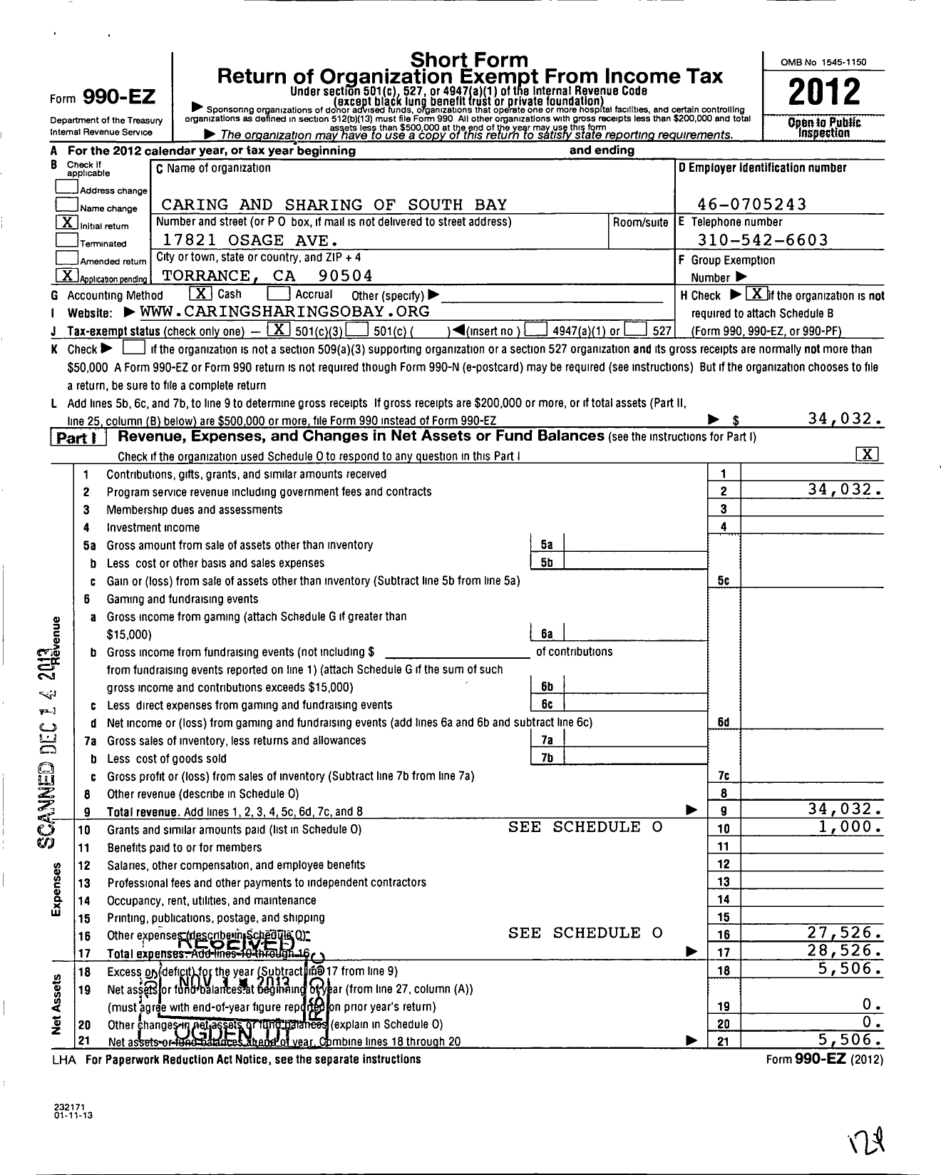 Image of first page of 2012 Form 990EZ for Caring and Sharing of South Bay