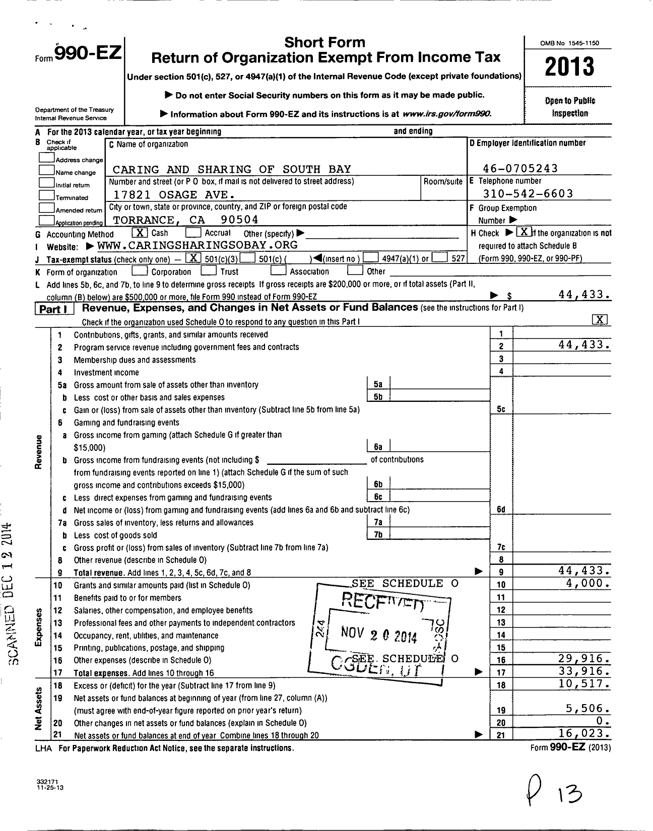 Image of first page of 2013 Form 990EZ for Caring and Sharing of South Bay