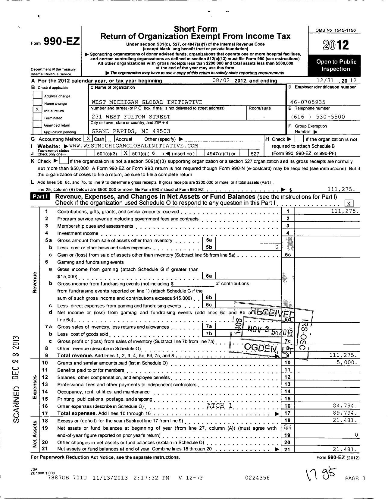 Image of first page of 2012 Form 990EO for West Michigan Global Initiative