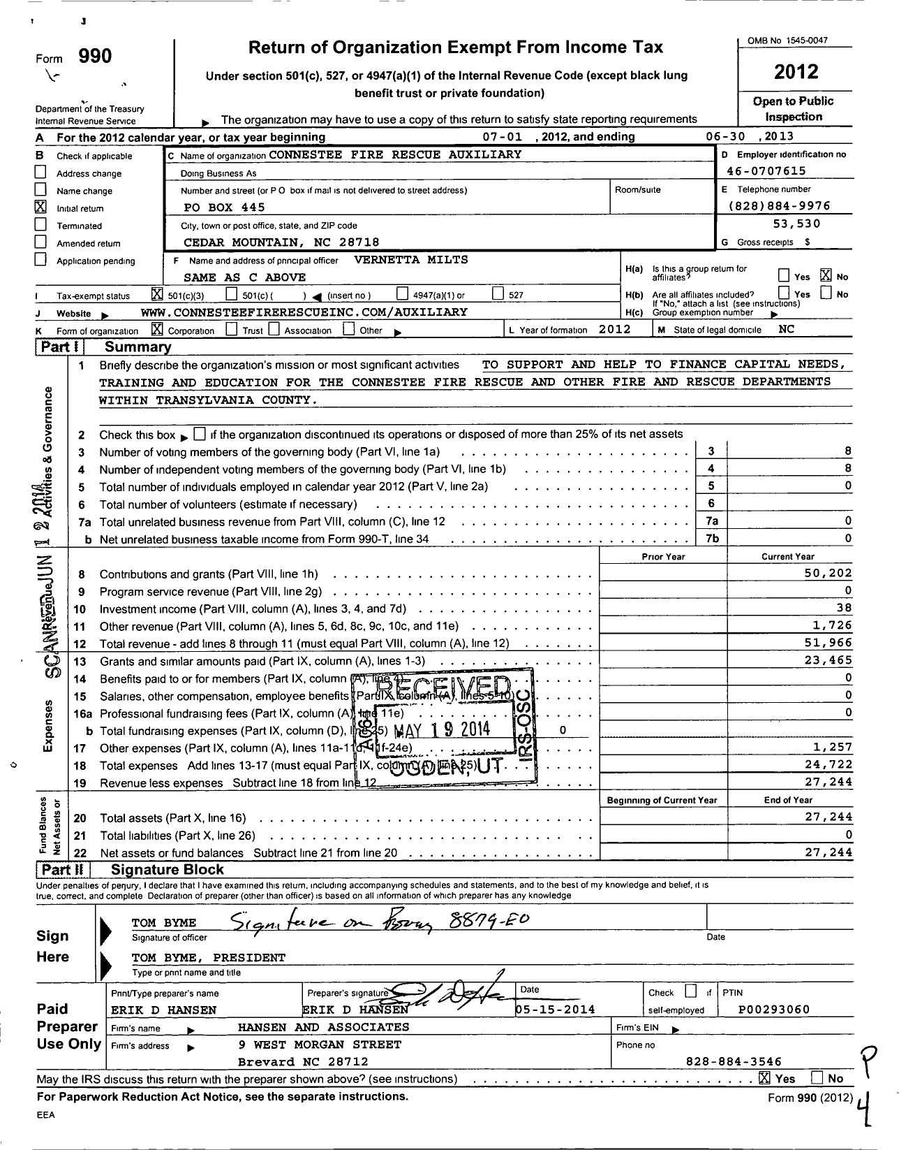 Image of first page of 2012 Form 990 for Connestee Fire Rescue Auxiliary