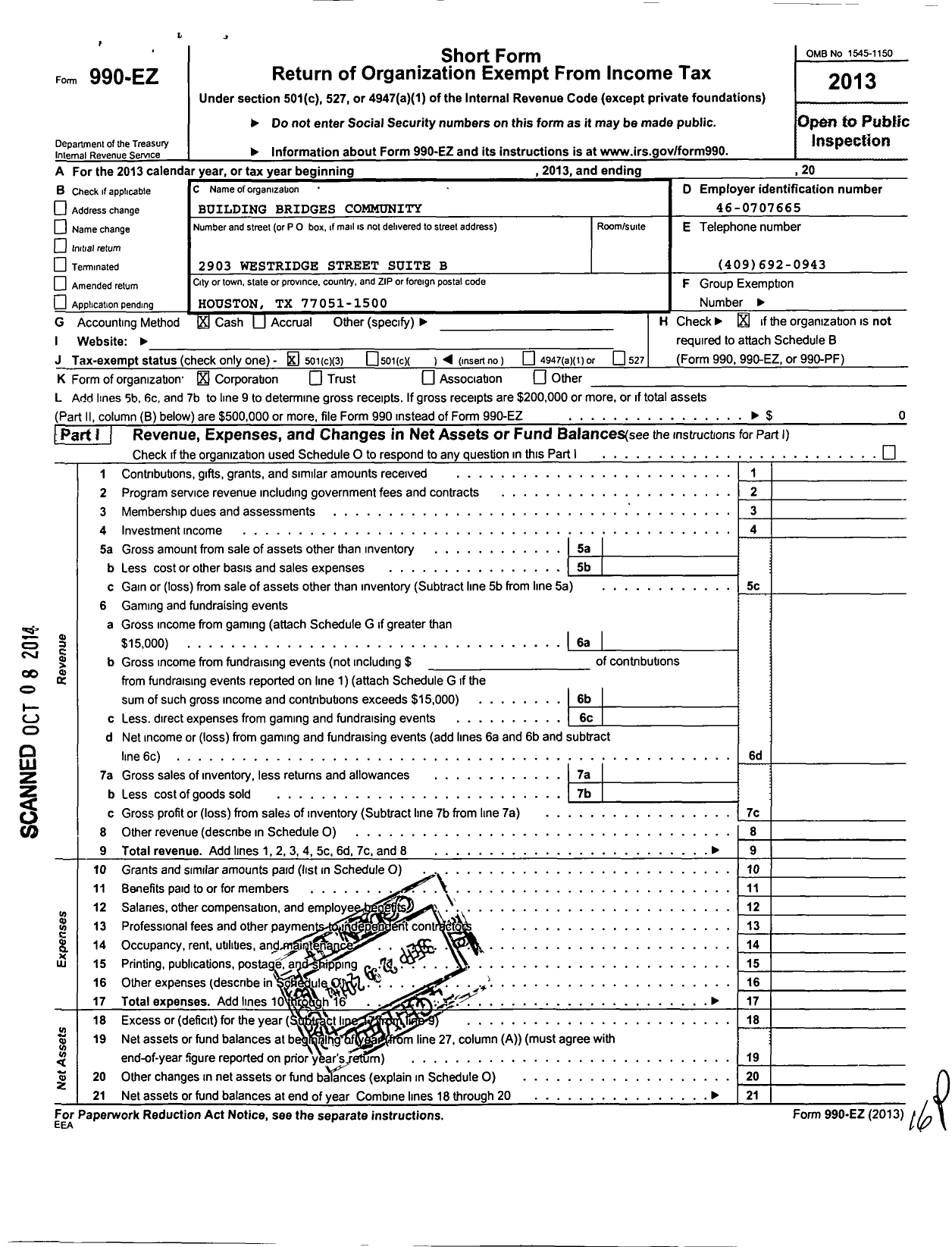 Image of first page of 2013 Form 990EZ for Building Bridges Community