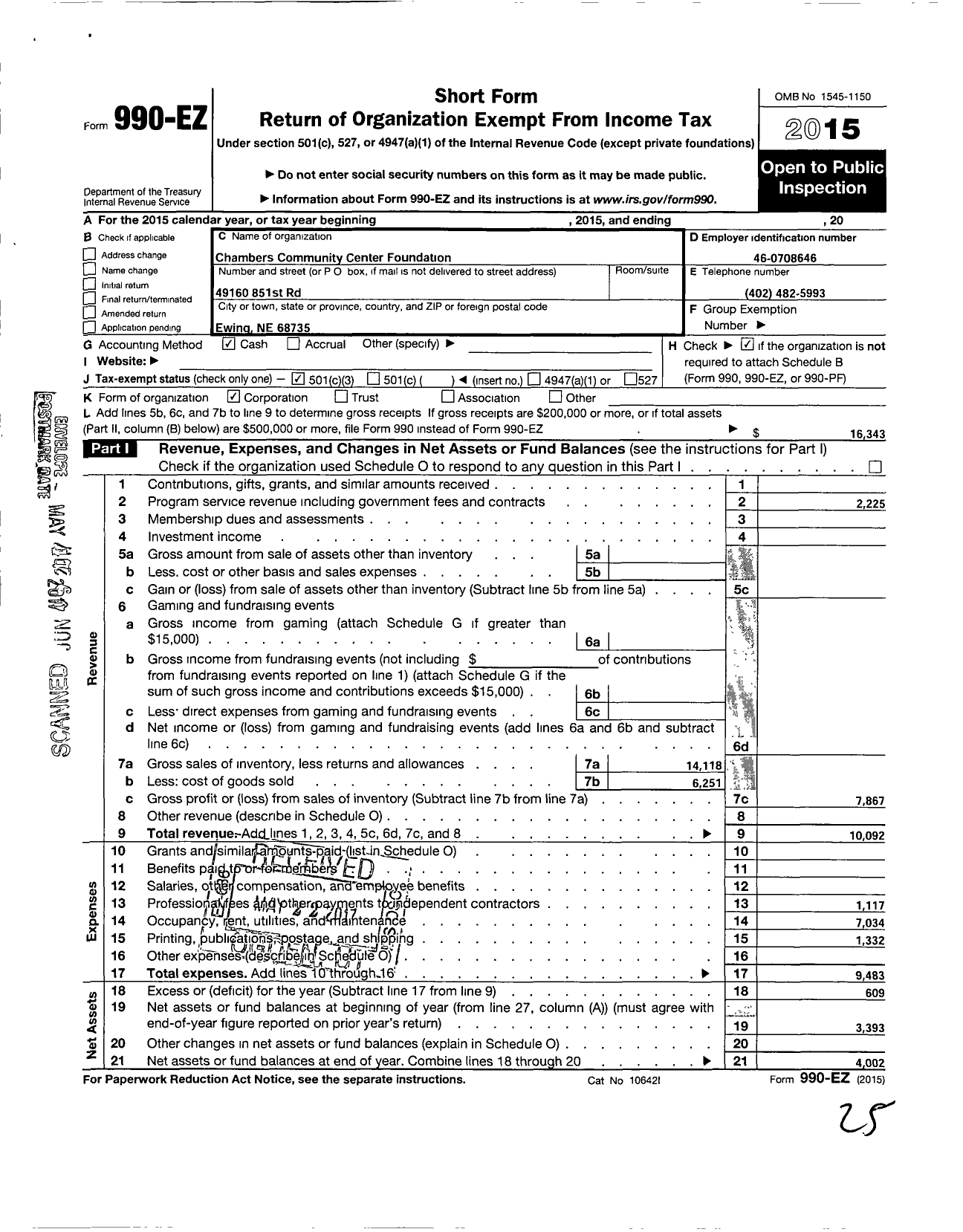 Image of first page of 2015 Form 990EZ for Chambers Community Center Foundation