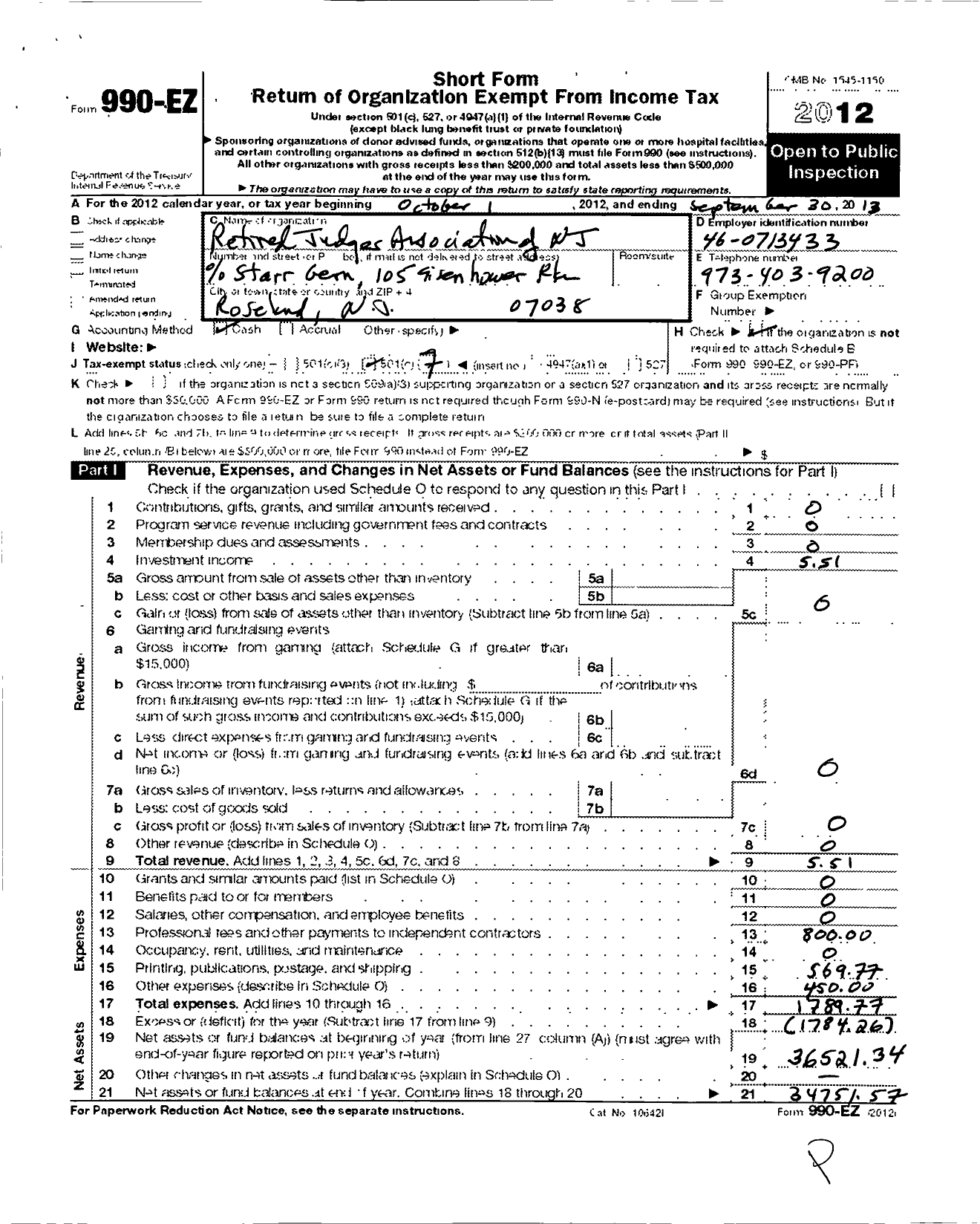 Image of first page of 2012 Form 990EO for Retired Judges Association of New Jersey