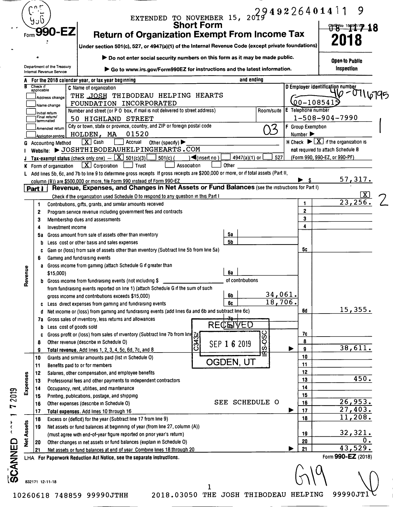 Image of first page of 2018 Form 990EZ for The Josh Thibodeau Helping Hearts Foundation Incorporated