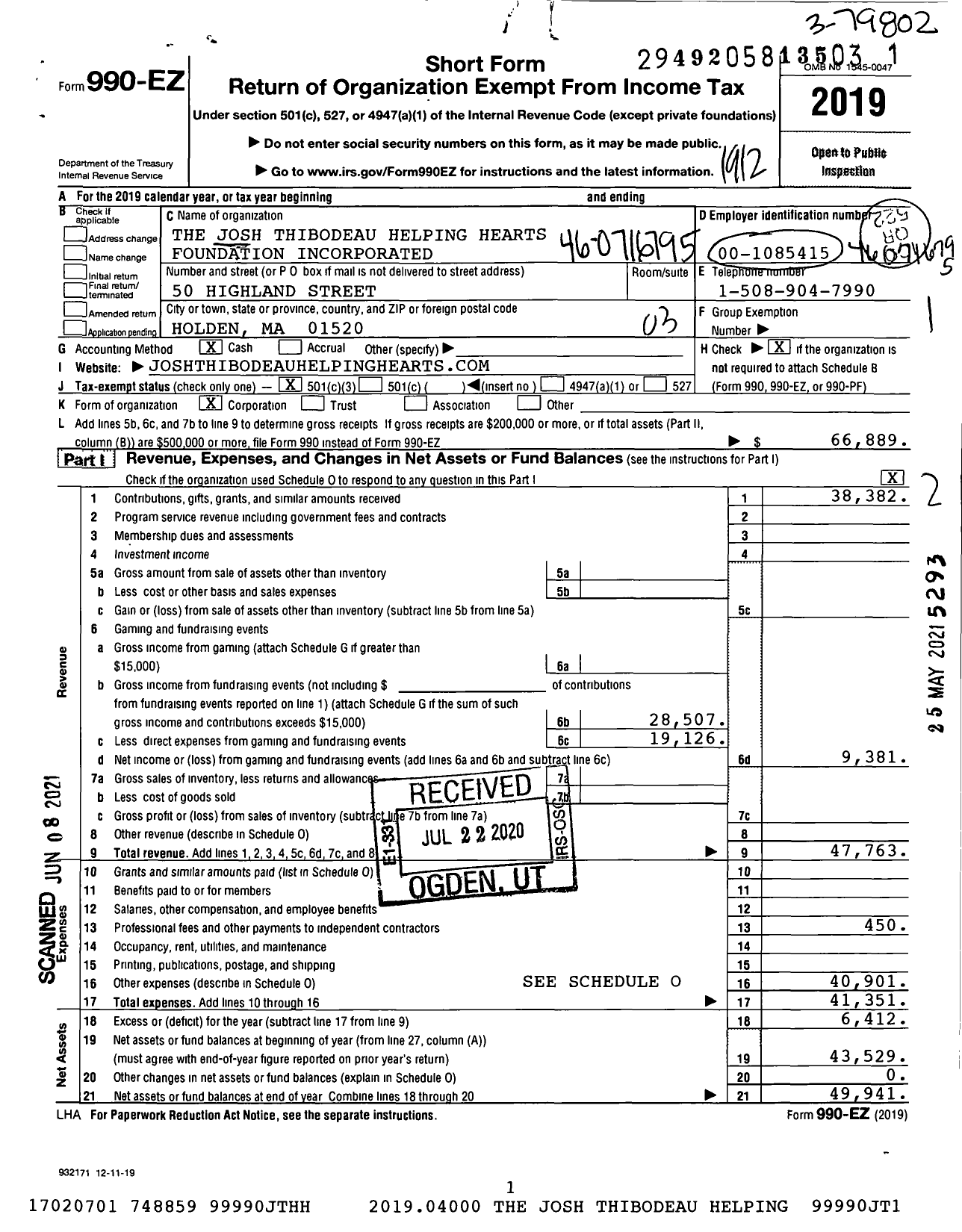 Image of first page of 2019 Form 990EZ for The Josh Thibodeau Helping Hearts Foundation Incorporated