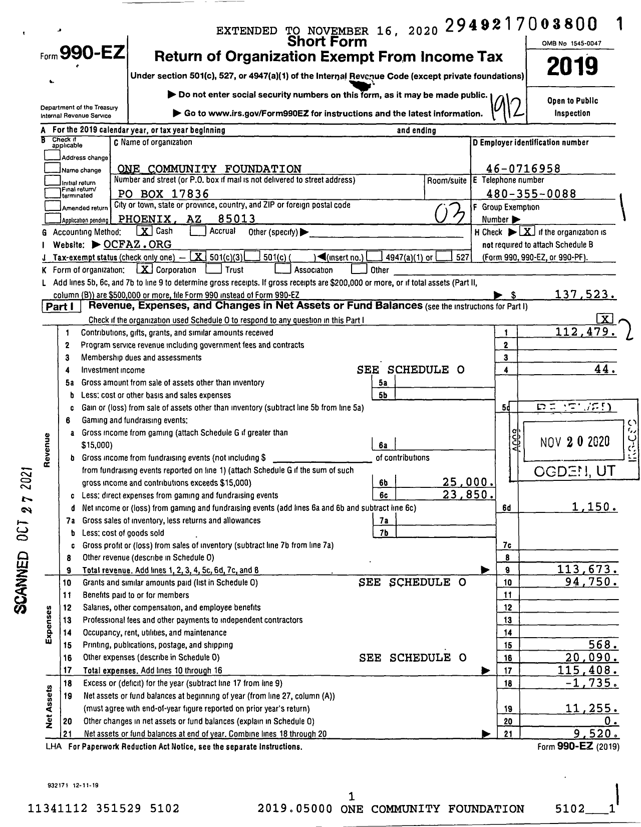 Image of first page of 2019 Form 990EZ for One Community Foundation