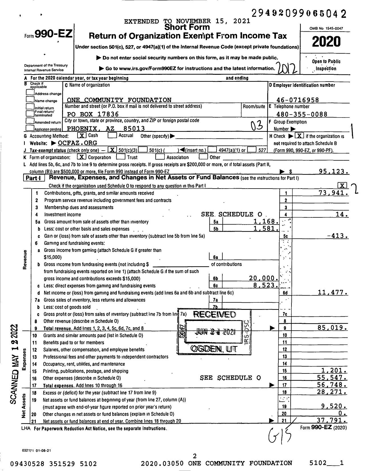 Image of first page of 2020 Form 990EZ for One Community Foundation