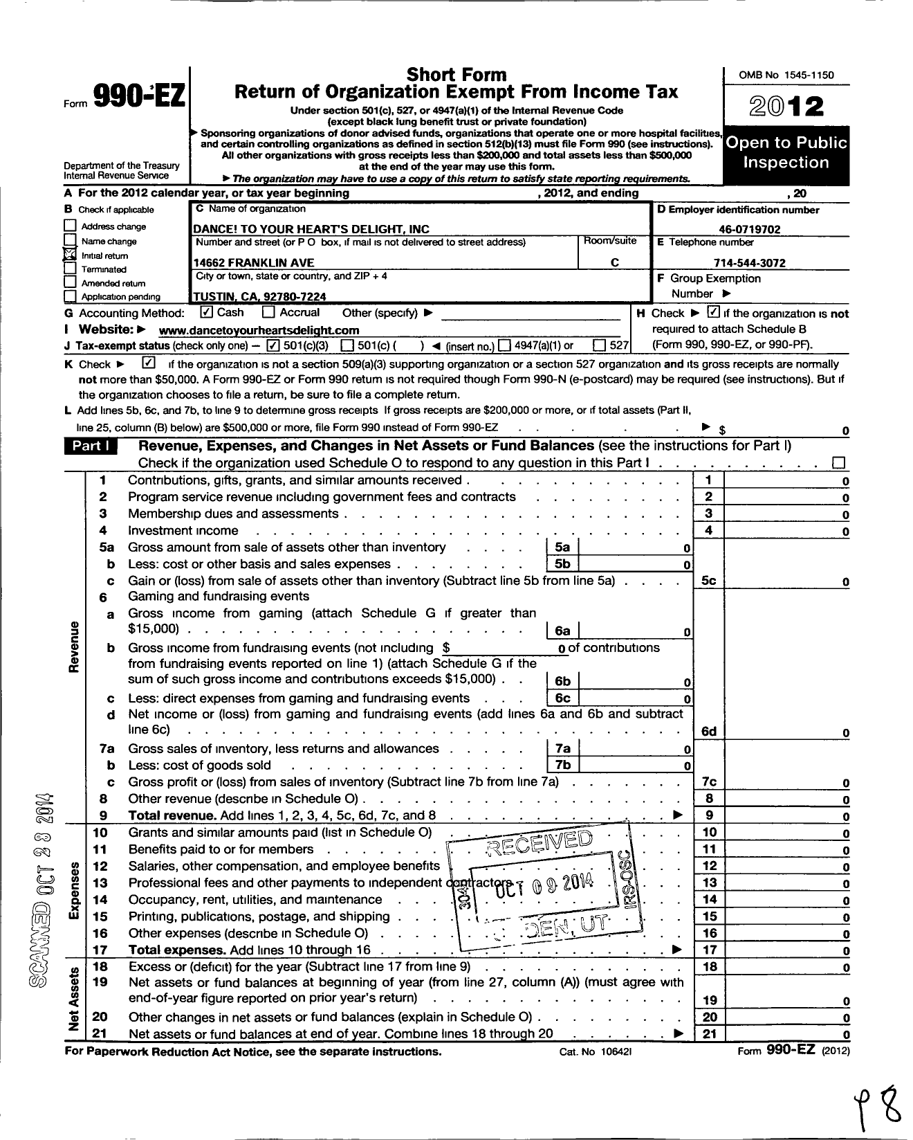 Image of first page of 2012 Form 990EZ for Dance to your Hearts Delight