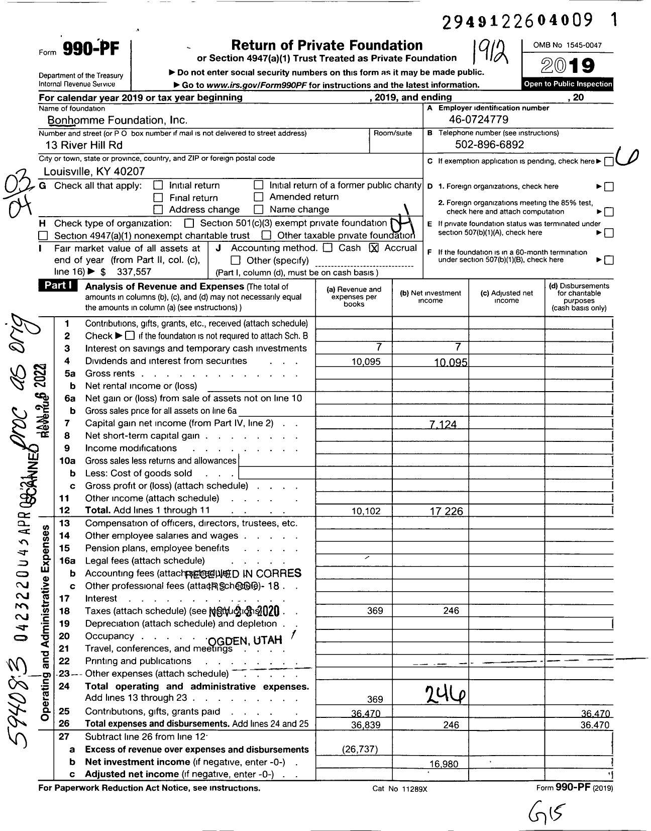 Image of first page of 2019 Form 990PF for Bonhomme Foundation