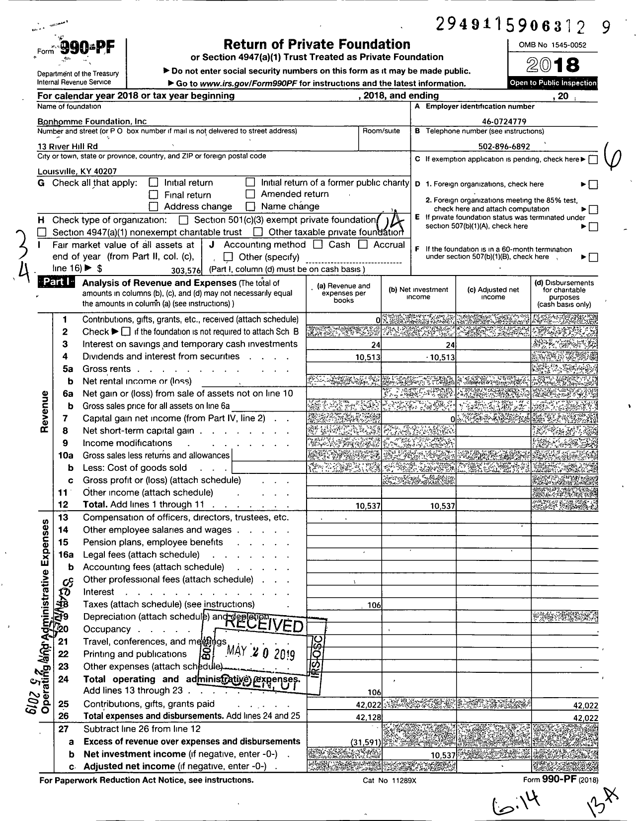 Image of first page of 2018 Form 990PF for Bonhomme Foundation