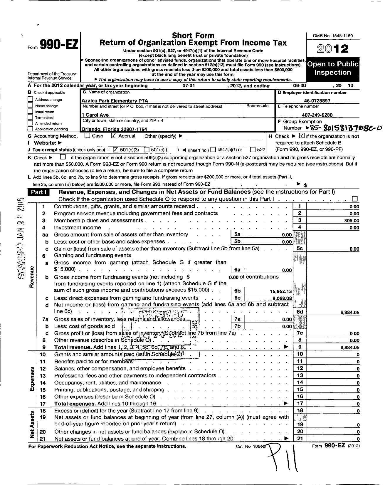 Image of first page of 2012 Form 990EZ for PTA Florida Congress - Azalea Park Elementary PTA