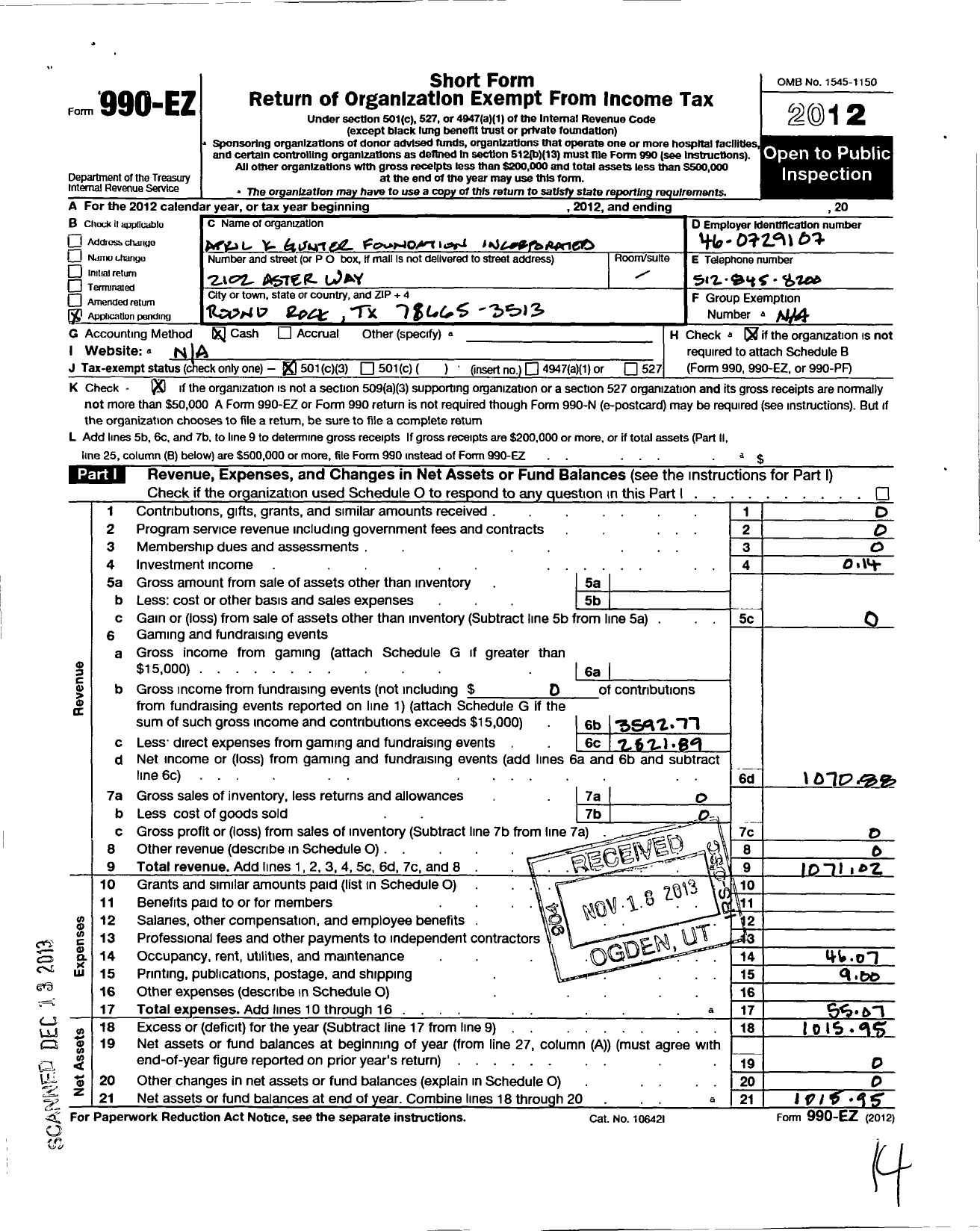 Image of first page of 2012 Form 990EZ for April K Gunter Foundation Incorporated