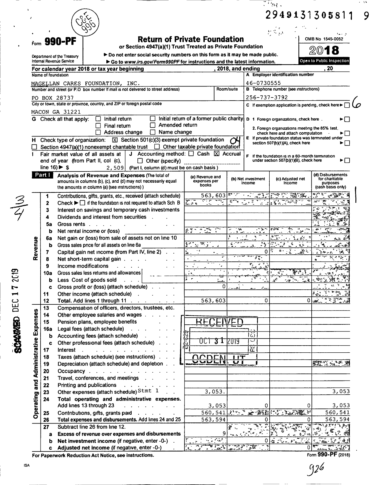 Image of first page of 2018 Form 990PF for Magellan Cares Foundation