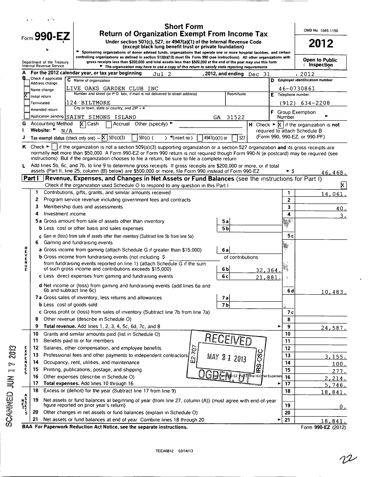 Image of first page of 2012 Form 990EZ for Live Oaks Garden Club