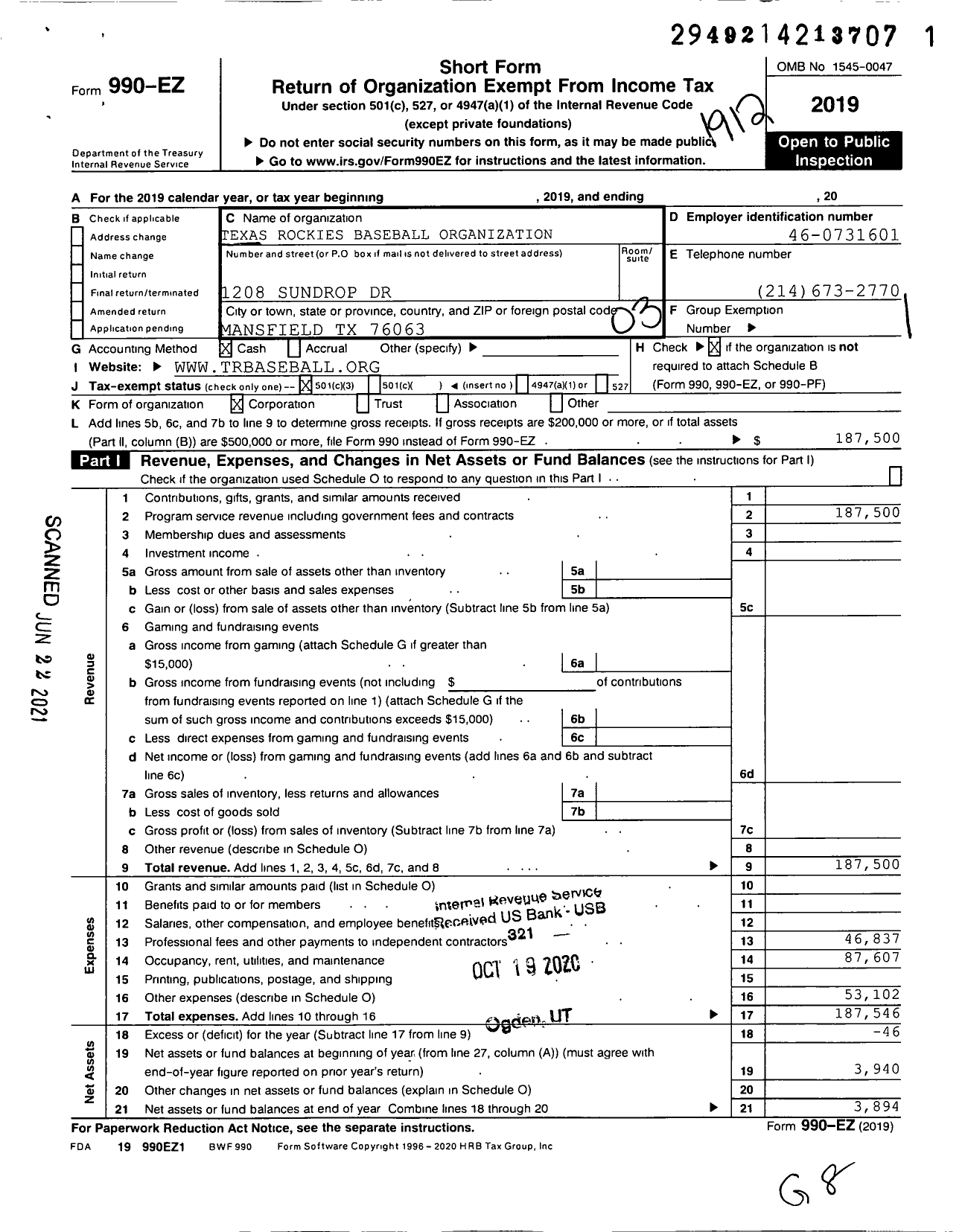 Image of first page of 2019 Form 990EZ for Texas Rockies Baseball Organization