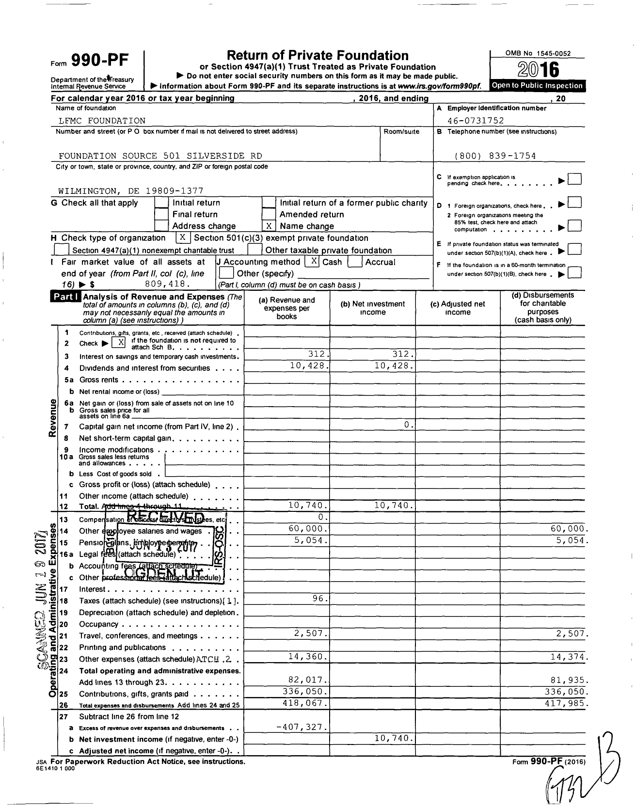Image of first page of 2016 Form 990PF for LFMC Foundation