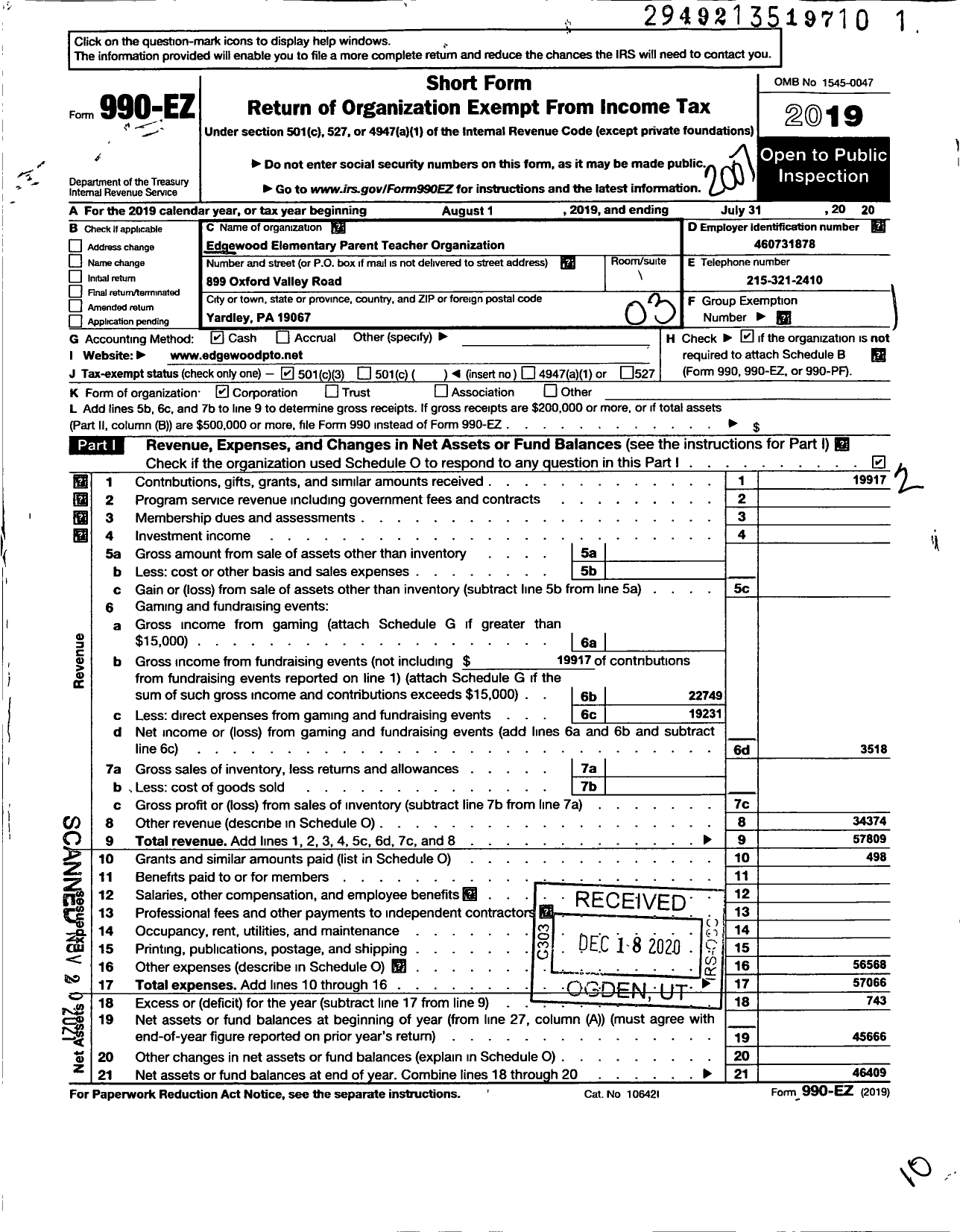 Image of first page of 2019 Form 990EZ for Edgewood Elementary Parent-Teacher Organization