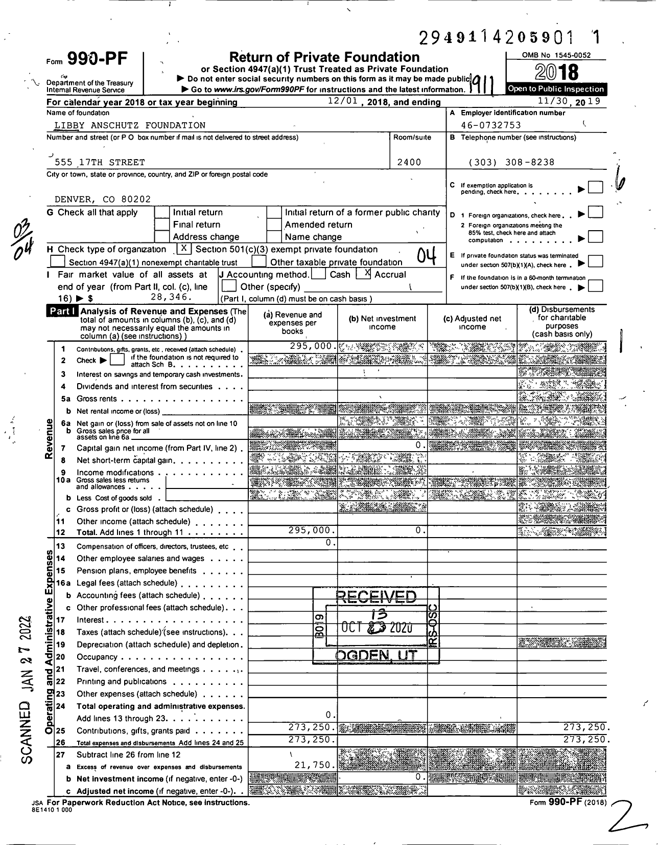 Image of first page of 2018 Form 990PF for Libby Anschutz Foundation