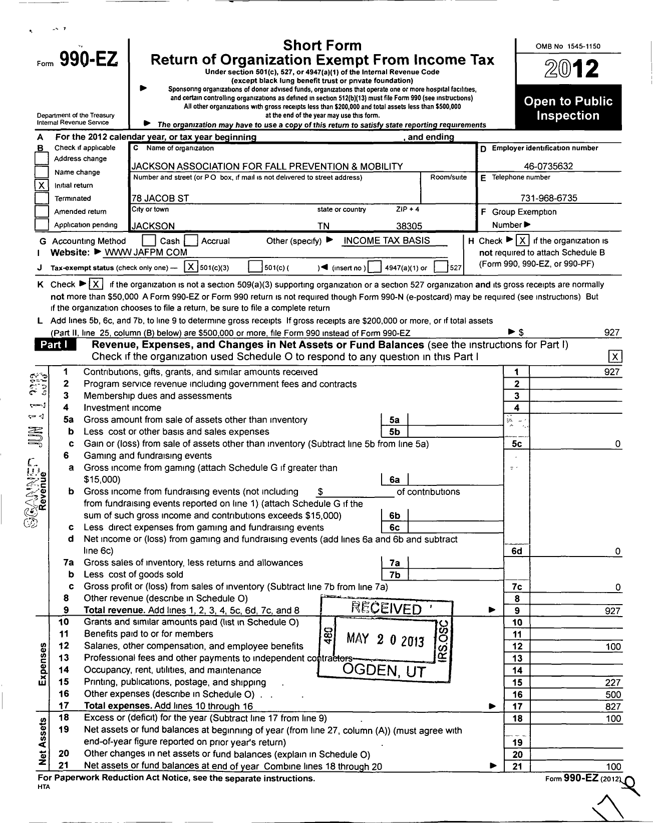 Image of first page of 2012 Form 990EZ for Jackson Association for Fall Prevention and Mobility