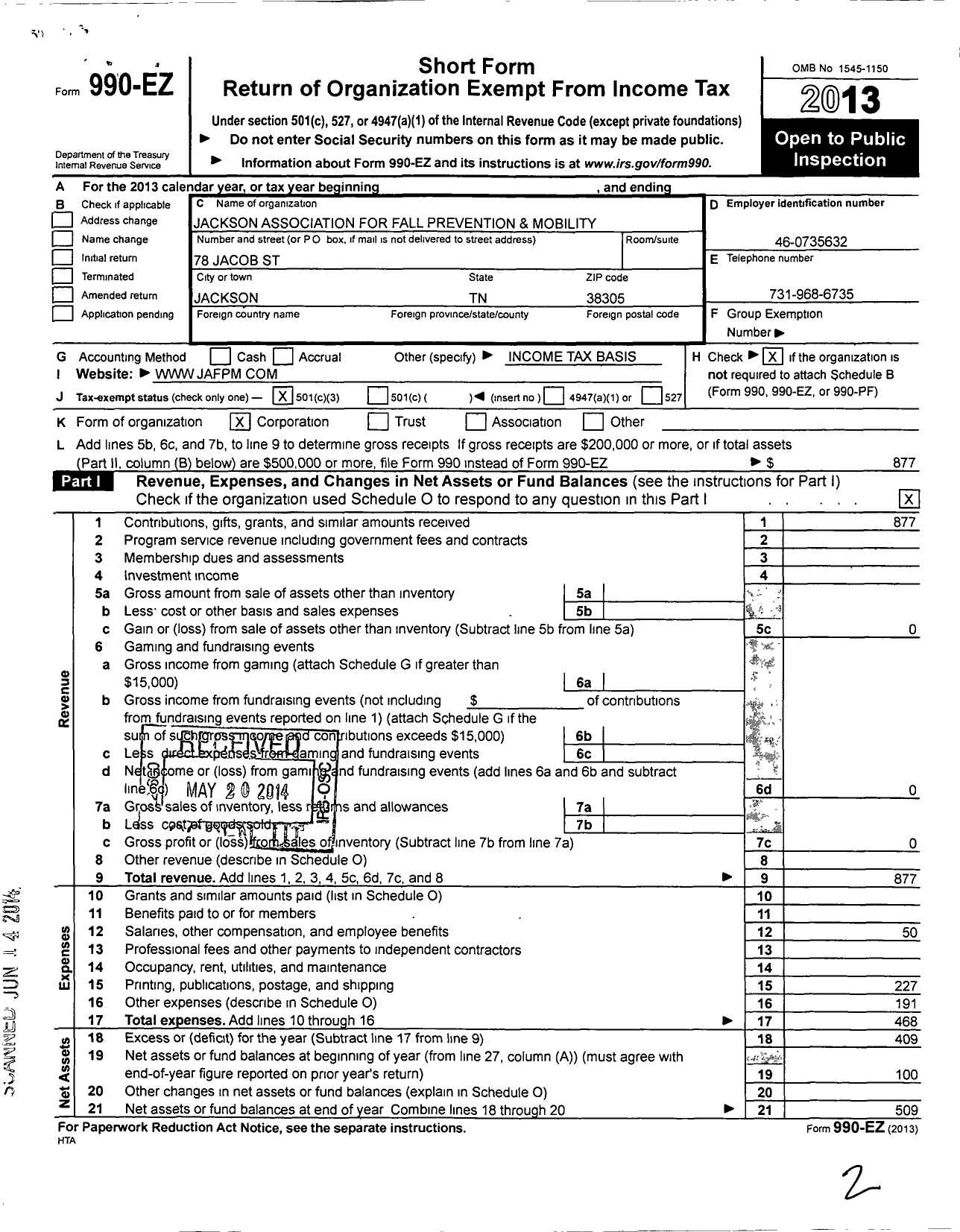 Image of first page of 2013 Form 990EZ for Jackson Association for Fall Prevention and Mobility